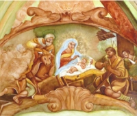 Particolare dell'affresco di Sala Veratti, su icona in porcellana